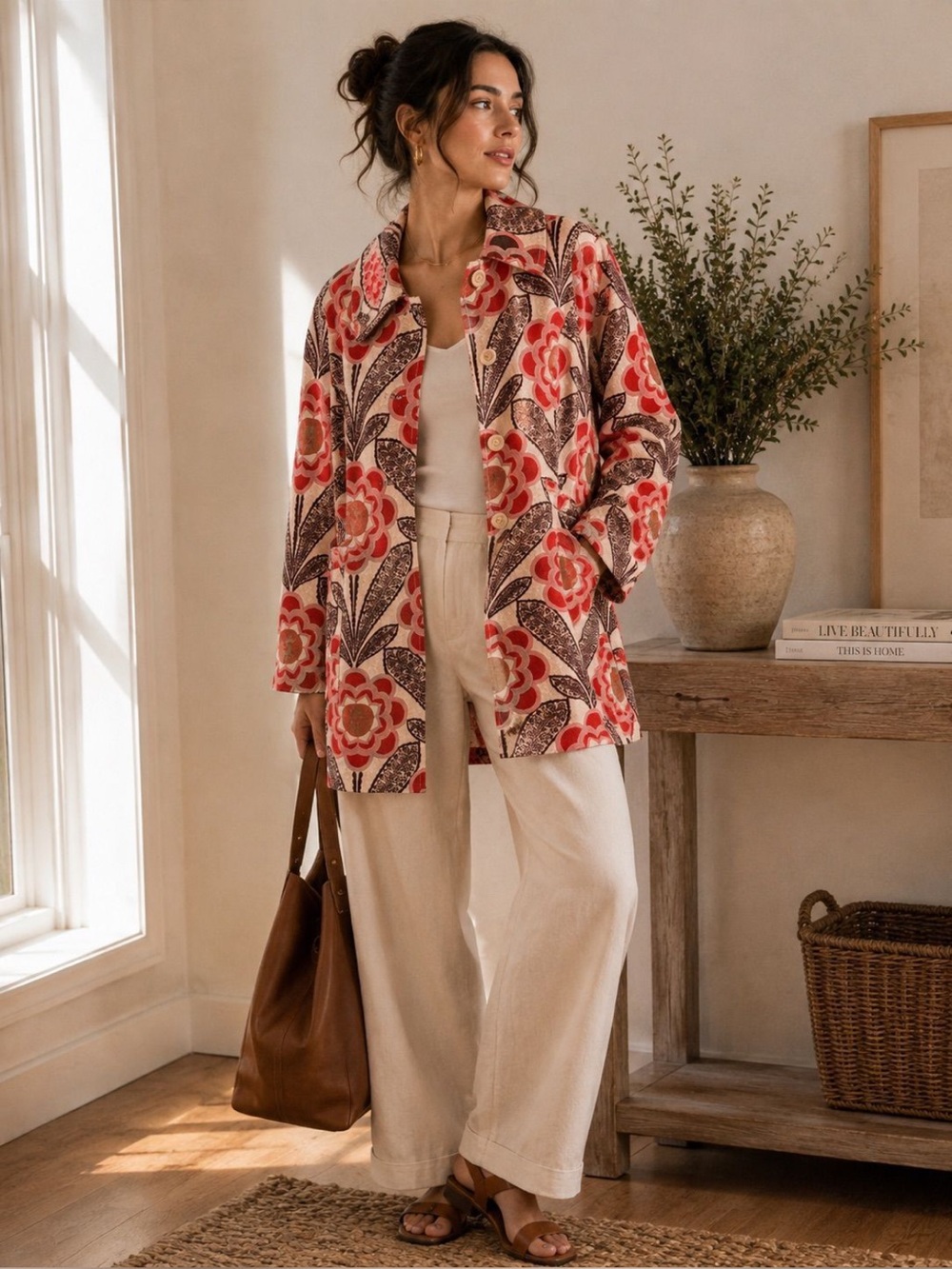 Anthropologie Fei Floral Print Red & Pink Women’s Mid-Length Coat